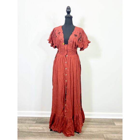 Free People Colette Maxi Dress Cinnamon Brown Size XS Floral Embroidered Lined - Picture 1 of 5